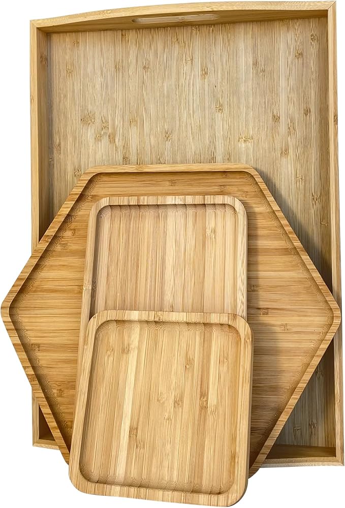 PAFREWOG Bamboo Serving Trays 16.5"x11.8"（42x30cm with Handle, Set Includes 0.63"(1.6cm) Thick Dinner Plates Hexagon 12.5"(32cm)+Rectangle 9.8"(25cm)*5.9"(15cm)+Square 5.9"(15cm)