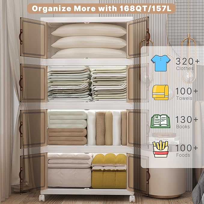 Extra Large Stackable Storage Bins with Lids & Wheels, 1344QT-168QT/42GAL*4Pack Foldable Collapsible Closet Organizers Storage Cabinet with Doors for Bedroom Dorm