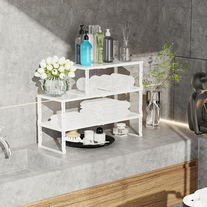 Jojocross Expandable Stackable Spice Rack Organizer for Kitchen Cabinet,Adjustable Counter Shelf, countertop, Pantry,Cupboard,Bathroom,Bedroom(2Packs/White/Medium)