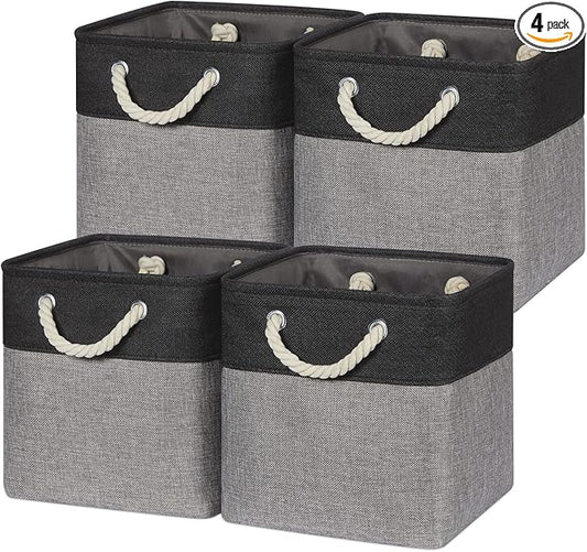 Temary Storage Baskets 4 Pack Fabric Storage Cubes Basket for Organizing, Collapsible Cloth Baskets with Handles for Shelves, Home, Closet (Black&Gray)