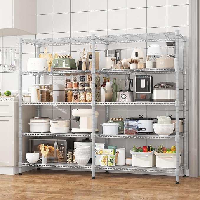 Homdox Heavy Duty Metal Shelves for Storage, 5 Tier Storage Racks and Shelving, Adjustable Wire Shelving Unit, Garage Rack Pantry Shelves Kitchen Shelving, 18"x72"x72", Silver Gray