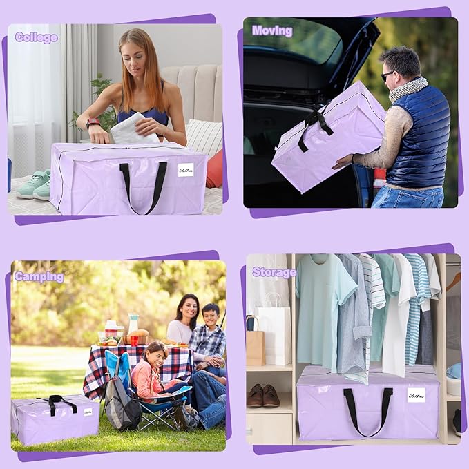 4 Pcs 24 Gallon Extra Large Moving Bags Heavy Duty Storage Bag with Strong Zipper Handle Foldable XXL Jumbo Storage Tote Packing Moving Box for College Dorm Travel Cloth Duffle (Purple)