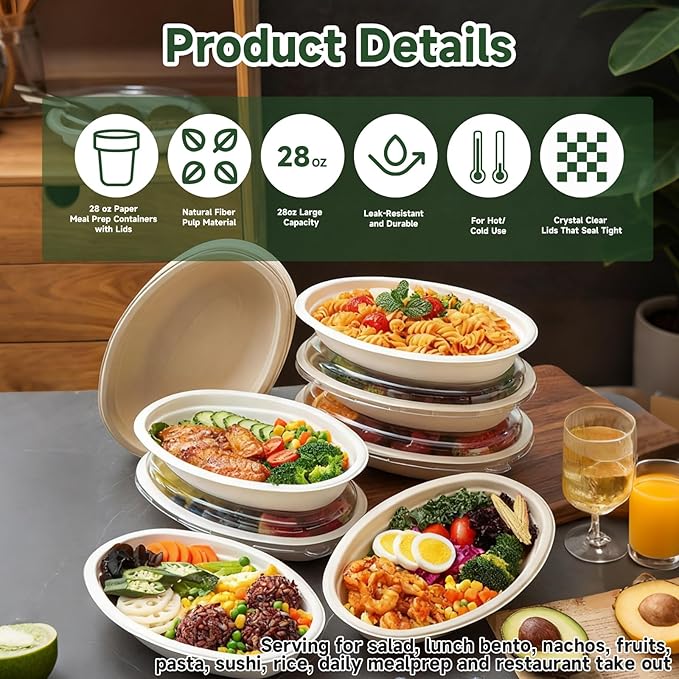 LOLYSIC 50 Pack Oval Paper Bowls with Lids, 28oz Chipotle Bowls, Disposable Food Containers with Lids, Paper Bowl for Burrito, Salads, Pasta, Nacho, Taco, Microwavable Meal Prep Containers