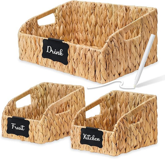 Pantry Organizers and Storage Baskets for Organizing with Handles, Large Wicker Storage Baskets for Shelves, Laundry-Water Hyacinth Storage Bins, Boho Decorative, 3Pack,Natural