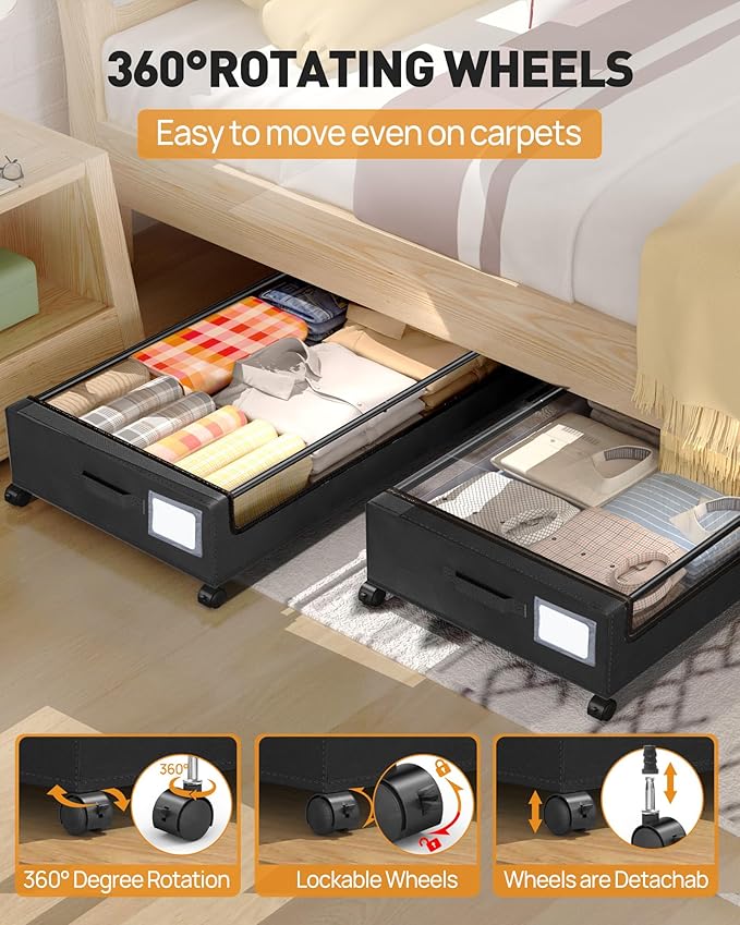 Underbed Storage with Wheels, Square Under Bed Storage Containers, 60L Under The Bed Storage, Rolling Under The Bed Storage Metal Drawer for Clothes, Blankets, Shoes...