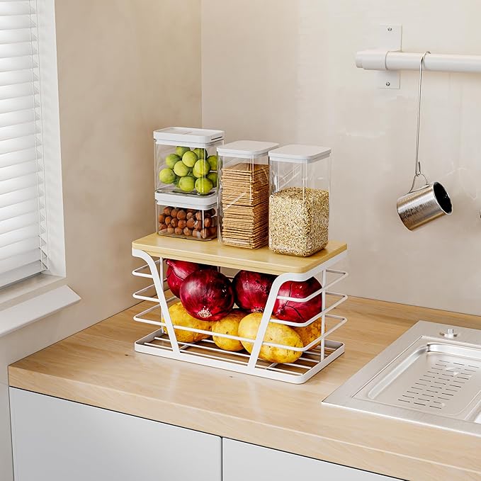 Small Grocery Bag Holder, Trash Bag Dispenser with Removable Bamboo Top, No Drill,White