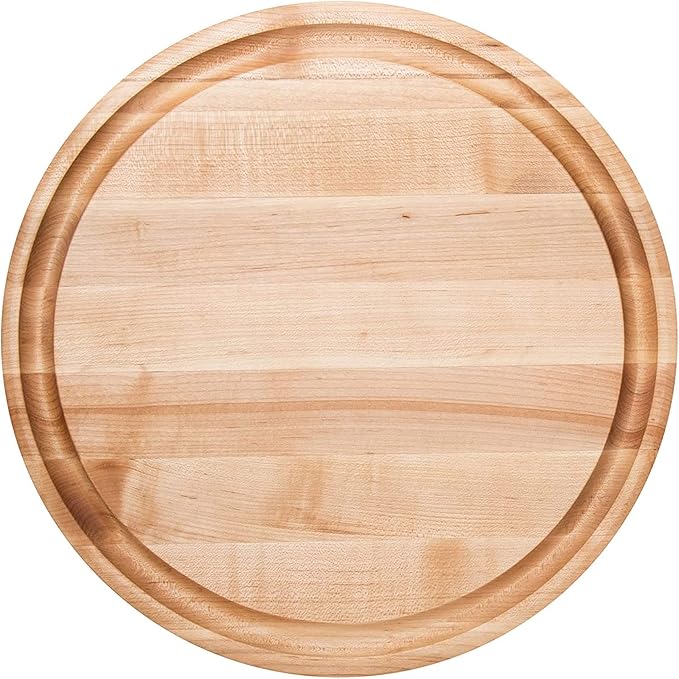 John Boos CB Series Round Wooden Maple Cutting Board 15”x15” – 1.75” Thick, 11-lb Reversible Butcher Block with Juice Groove, Edge-Grain & Finger Grips – Made in the USA