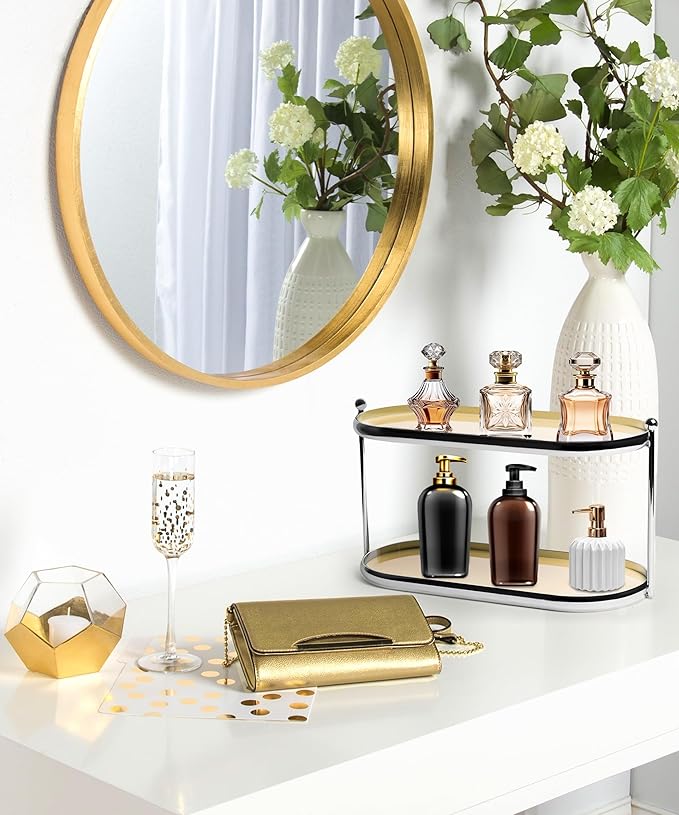 MUSEOWN 2 Tier Metal Frame Perfume Organizer in Stylish,and Minimalist Perfume Tray-Elegant Countertop Display Shelf for Skincare,Makeup,Trinket for Dresser,Vanity,Bathroom (Creamy White)