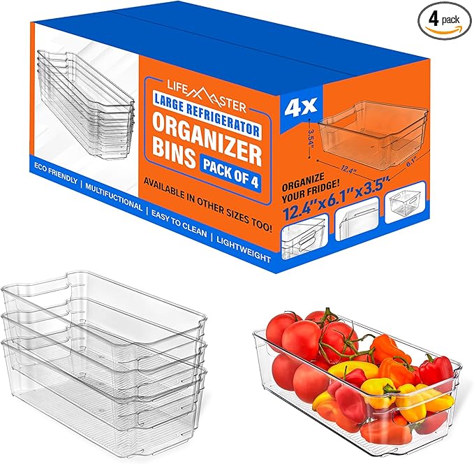 4-Piece Stackable Refrigerator Bin Organizer Set with Easy Grip Handles - Clear Multi-Purpose Storage Bins for Fridge and Pantry Use