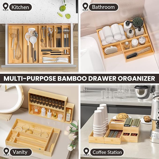 Greatseas Kitchen Drawer Organizer Bins, Stackable Bamboo Drawer Organizer for Silverware, Flatware, Deep Office Desk Drawer Organizer Tray, Desktop Pen, Office Organization 9" x 6" x 2.5" (Set of 2)