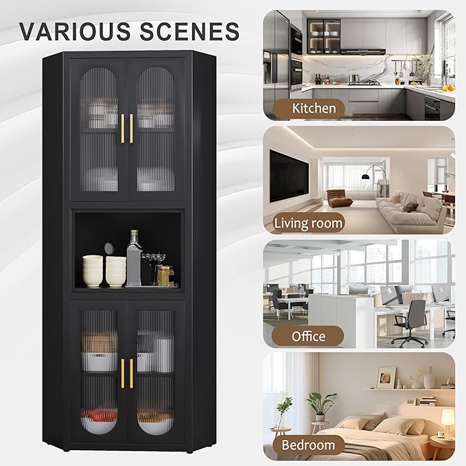pozdeg 64" Tall Metal Corner Storage Cabinet with Acrylic Glass Doors ＆ Open Display Storage Shelves, Farmhouse Corner Pantry Storage Cupboard for Kitchen, Laundry Room, Bathroom or Bedroom (Black)