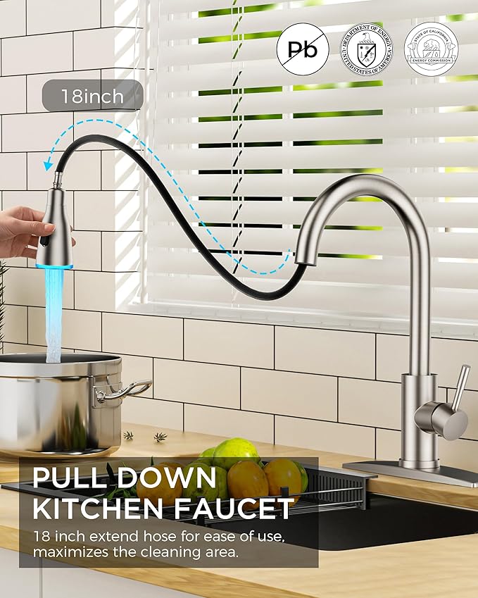 FORIOUS LED Kitchen Faucet with Pull Down Sprayer, Brushed Nicke Single Handle Stainless Steel Traditional Sink Faucets with LED Light Sprayer Head, Suitable for Farmhouse Laundry Camper Rv Bar