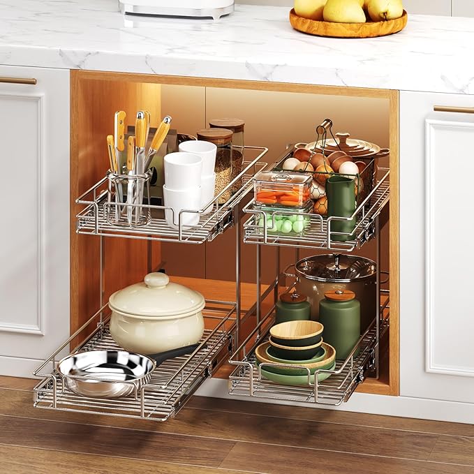MODCART 2 Tier Individual Pull Out Cabinet Organizer 14½" W x 21½" D, Heavy Duty Cabinet Pull Out Shelves, Slide Out Drawers Organization for Kitchen Cabinets Bathroom