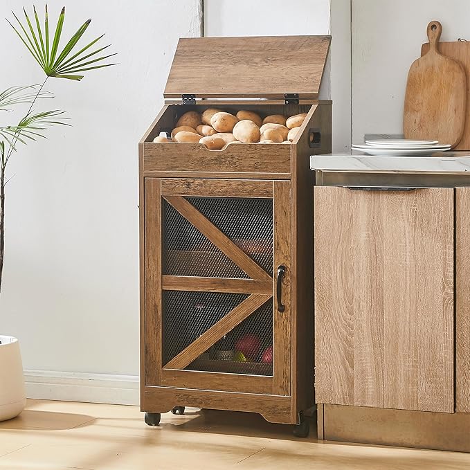 Potato Storage Bin with Wheels, Wood Potato and Onion Storage Cabinet with Lid, Movable Fruit and Vegetable Organizer Box, Large Bread Box for Kitchen