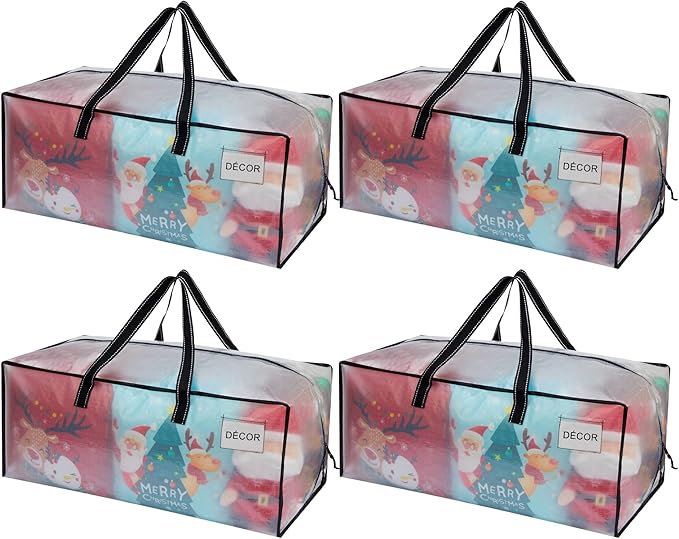 VENO 4 Pack Heavy Duty Moving Bags, Christmas Storage Bins with Lids, Clear Design, Alternative to Moving Boxes, Storage Bags for Clothes, Blankets, Comforters, Pillows, Camping (Clear, 4 Pack)