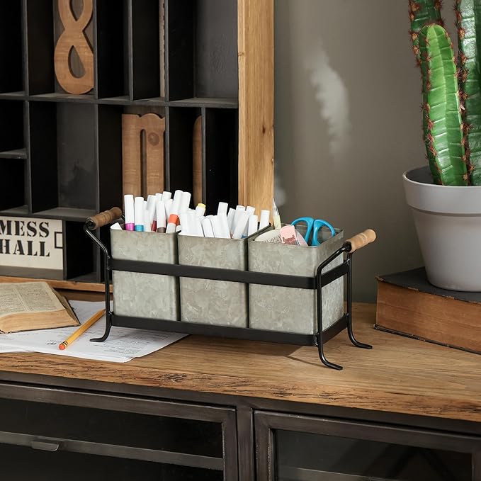 HOME PALETTE Silverware Caddy for Party Kitchen Flatware Holder for Countertop Farmhouse Galvanized Cutlery Organizer with 3 Compartments for Utensils, Spoons, Knives, Forks, Cups