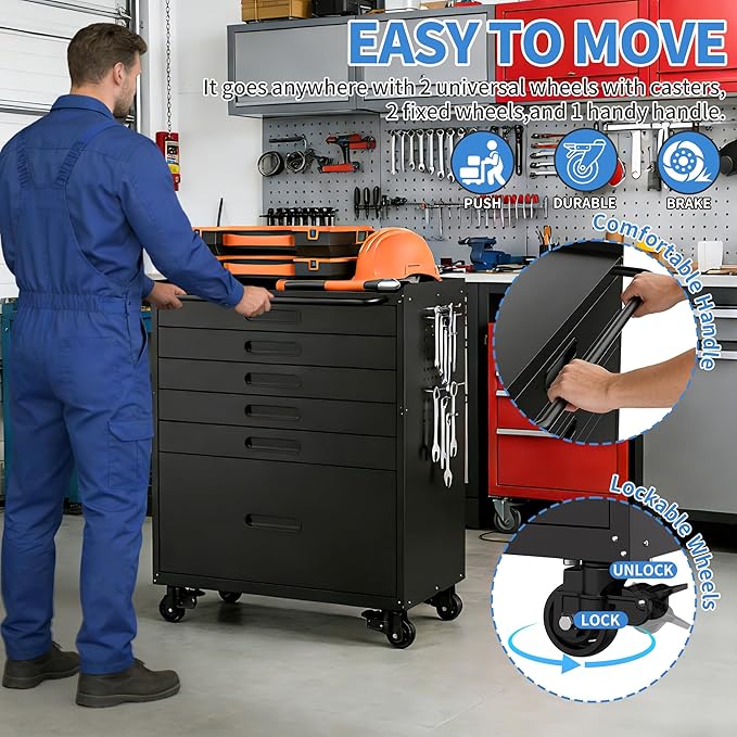 BIZOEIRON Metal Garage Storage Cabinet with Wheels, Rolling Tool Cabinet with 6 Drawers, Heavy Duty Tool Cabinet with Workbench, Assembly Required, Black