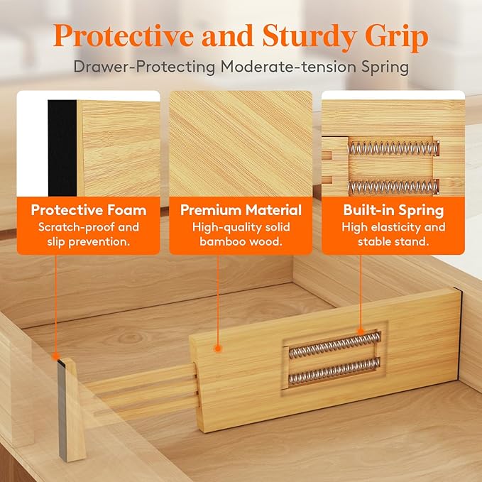 Lifewit 8 Pack 4" High Bamboo Drawer Dividers, 12-16" Adjustable Drawer Organizers for Clothes, Wood Dresser Drawer Divider, Expandable Deep Drawer Separators for Dresser, Kitchen, Bedroom, Bathroom