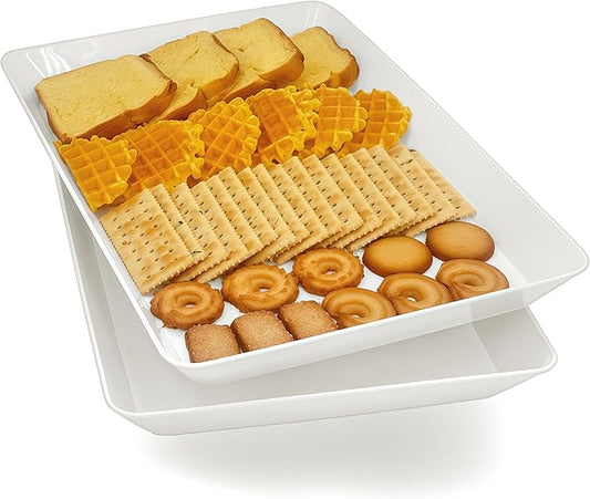 AMGBZT Serving Tray Platter, 2 Pcs Food Tray for Veggie Fruit Snack Dessert Cookie Cheese, Food Trays for Party Supplies Display, Plastic Platters for Serving Food, Large White Trays, BPA Free