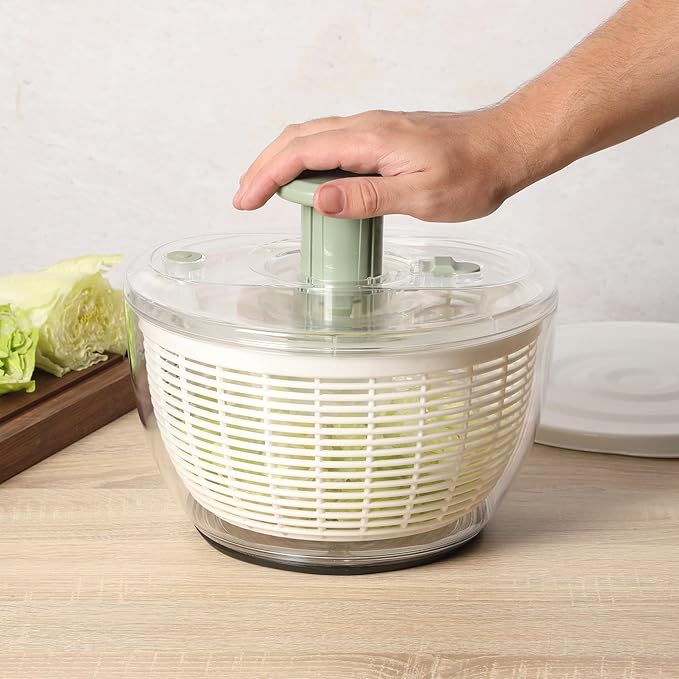 Sur La Table Kitchen Essential 6.3 Qt Salad Spinner, Fruit Wahser, Fruit Washing Bowl with Strainer, Vegertable Cleaner, Salad Cleaner, Lettuce Washer - Juniper Green