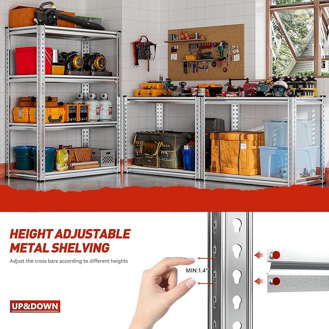 REIBII Storage Shelves Adjustable Metal Shelving 1600LBS Garage Shelves Industrial Metal Shelves 4 Tier Garage Shelving for Pantry Closet Kitchen Basement, Sliver, 11.8" D x 23.6" W x 56.7" H