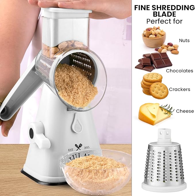 Zulay Kitchen Cheese Grater Hand Crank, Grater For Kitchen With Reinforced Suction - Rotary Cheese Grater With 3 Replaceable Stainless Steel Blades - Easy to Use & Clean - Vegetable Cutter - White