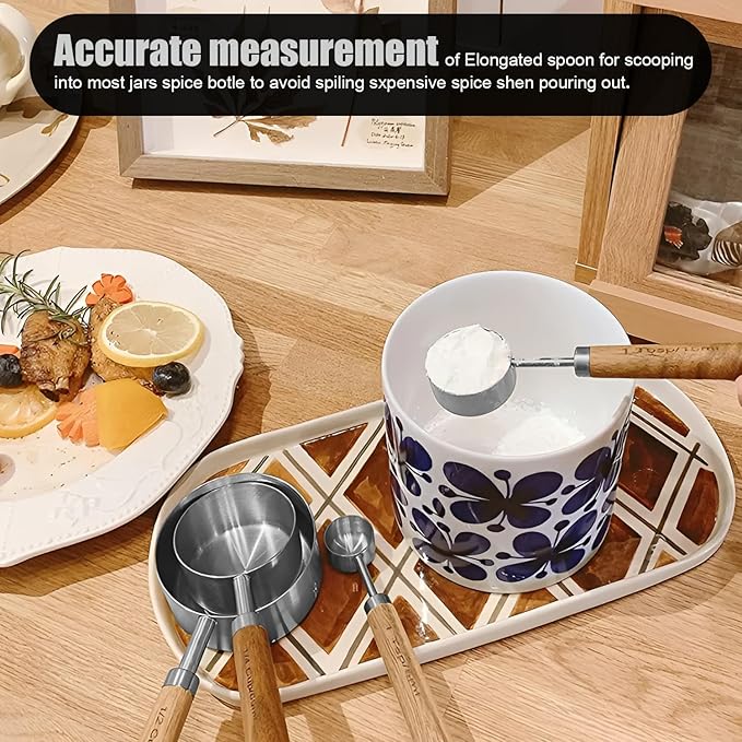 SHIKORI Gold Measuring Cups and Spoons Set with Wood Handles, Premium Stainless Steel Measuring Spoons and Measuring Cups Set-Silver