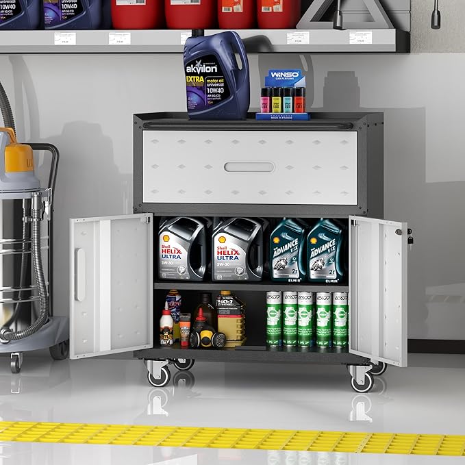 BIZOEIRON Metal Storage Cabinet with Wheels, Rolling Tool Cabinet with Adjustable Shelve, Locking Garage Storage Cabinet with 1 Drawer and 2 Doors for Tools, Assembly Required (Black/Grey)