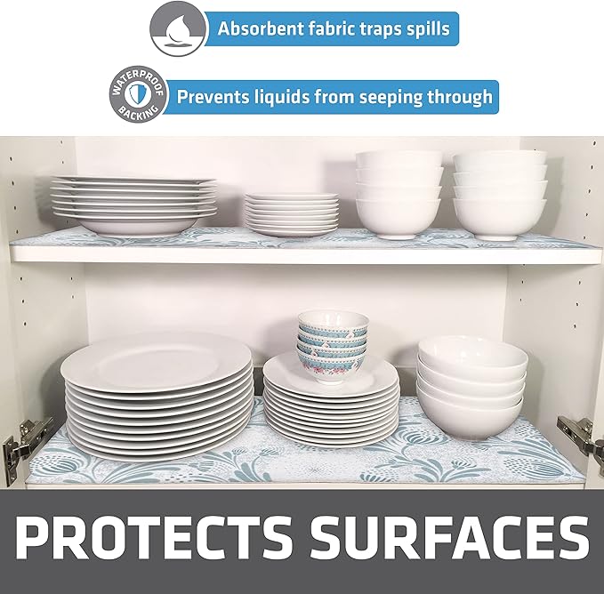 Drymate Premium Luxury Shelf & Drawer Liner, Thick Cushioned Fabric, Non-Adhesive, Absorbent, Waterproof, Slip-Resistant, Liners for Kitchen Cabinets, Cupboards (USA Made)(12”x59”)(2-Pack)(Light Blue)