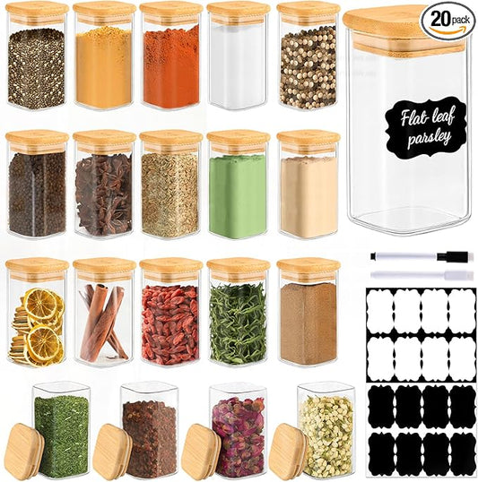 20 Pack 8 oz Square Glass Spice Jars with Lids and Labels – Airtight Small Spice Containers Set, Clear Glass Storage Jars for Seasoning, Spices, Kitchen Pantry Organization