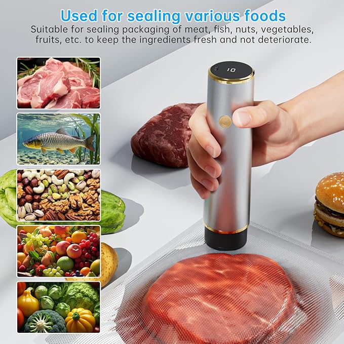 Vacuum Sealer for Food with Digital Display,Handheld Vacuum Sealer Machine with Strong Suction, Upgraded Aluminum Alloy Body, Double Capacity Battery, Bag Sealer for Sous Vide & Storage (Silver)