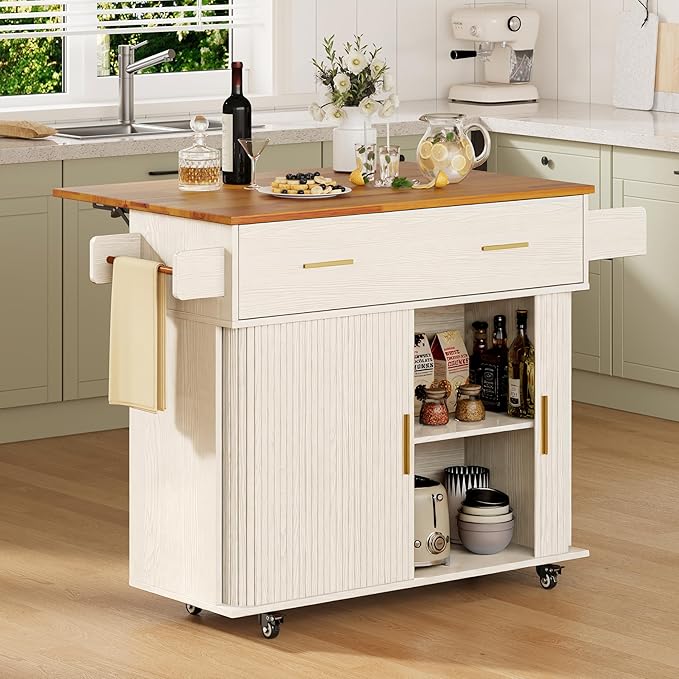 DHH Rolling Kitchen Island with Drop Leaf Countertop&Ample Storage - 39.4" Small Mobile Kitchen Cart On Wheels with Sliding Door,Drawers,Spice Rack & 2-Tier Storage (White)
