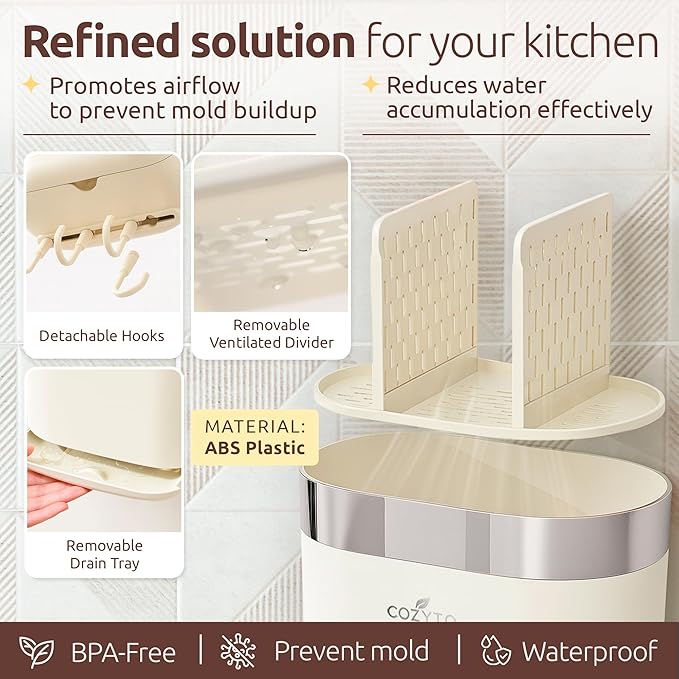 COZYTO LuxTray U1-Pro – Wall Mounted Kitchen Organizer with Hooks, Dividers & Drain Tray, No-Drill Adhesive, BPA-Free – Cream White with Rose Gold or Silver Accent (Cream White & Shiny Silver)