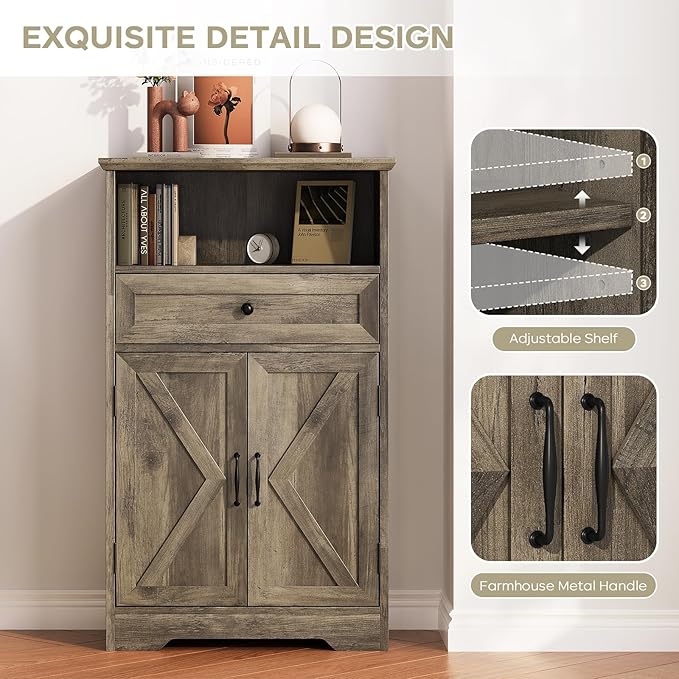Viroformo Floor Cabinet, Farmhouse Storage Cabinet with Barn Doors and Drawer, 11.81" D x 23.62" W x 39.37" H Grey Freestanding Adjustable Shelf Organizer for Bathroom, Kitchen, Living Room