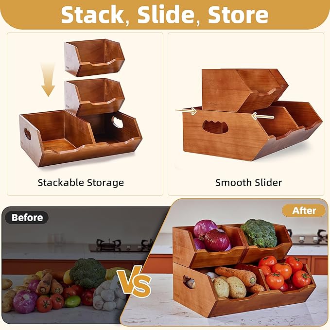 Wood Pantry Storage Bins, Stackable Large Capacity Potato and Onion Storage Baskets, Kitchen Pantry Organizers for Vegetables, Bread, Spices (Set of 3)