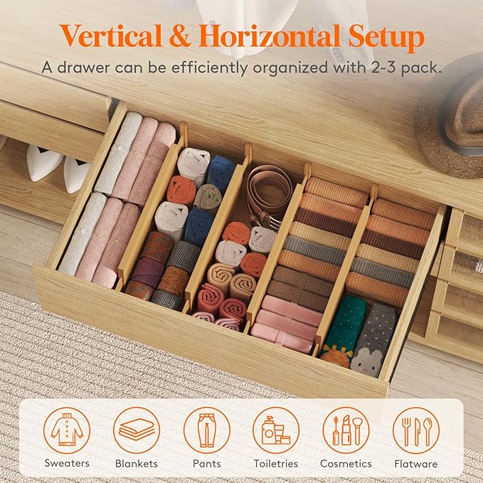 Lifewit 8 Pack 5" Deep Bamboo Drawer Dividers, 17.5-22" Expandable Drawer Organizers for Clothes, Adjustable Dresser Drawer Divider, Clothing Drawer Separators for Dresser, Bedroom, Bathroom, Kitchen