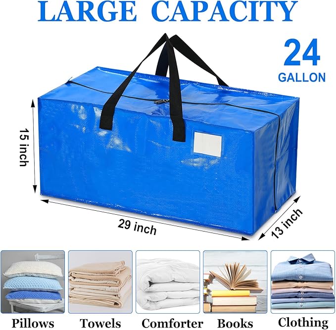 4 Pcs 24 Gallon Extra Large Moving Bags Heavy Duty Storage Bag with Strong Zipper Handle Foldable XXL Jumbo Storage Tote Packing Moving Box for College Dorm Travel Cloth Duffle (Blue)