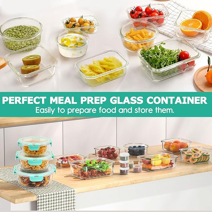 34pcs Glass Food Storage Containers with Lids Set, Airtight Glass Meal Prep Containers (17 Containers & 17 Lids), Leak Proof Lunch Container BPA-Free, Microwave, Oven, Freezer, Dishwasher Safe-Green