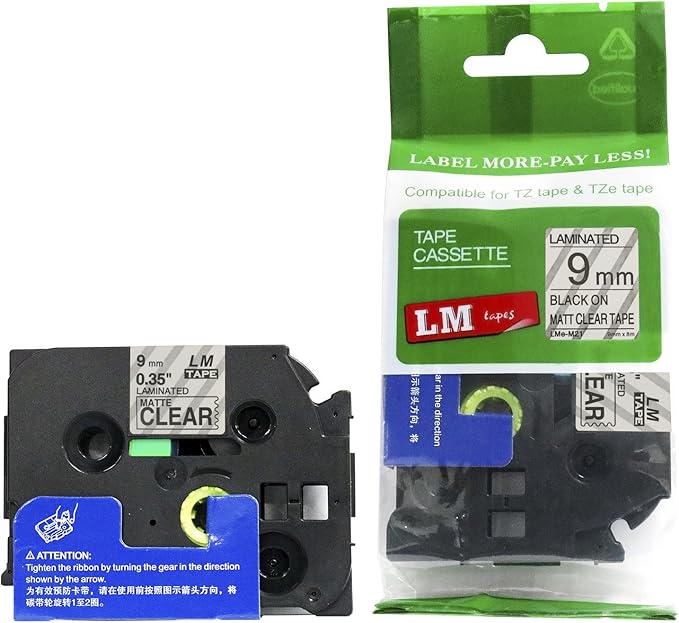 1/Pack LM Tapes - LMeM21 Premium 3/8" Black Print on Matte Clear Label Compatible with P-Touch TZe-M21 Tape and Includes Tape Color/Size Guide. Replaces TZ-M21 9mm 0.35 Laminated.