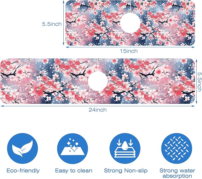 Japanese Pink Cherry Blossoms Dish Drying Mat for Kitchen Sink Splash Guard Behind Faucet Sink Mat Absorbent Fast Drying Faucet Draining Mat for Bathroom Kitchen 5.5"×15"