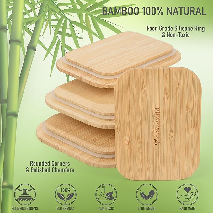 dokaworld Natural Bamboo Lids Set for Food Storage Glass Containers (4pcs) - Lids are compatible with all Glass Food Storage Containers Sets