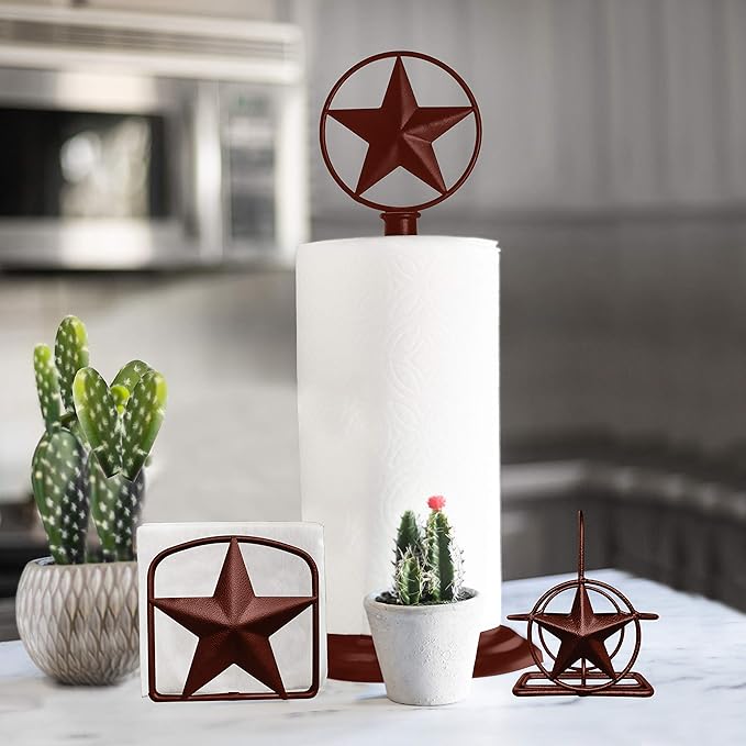 Brown Rustic Texas Star Paper Towel Holder, Napkin Holder, Salt and Pepper Shakers Holder, Country Farmhouse Iron Kitchen Counter Accessory Set Holders (Napkin Holder)