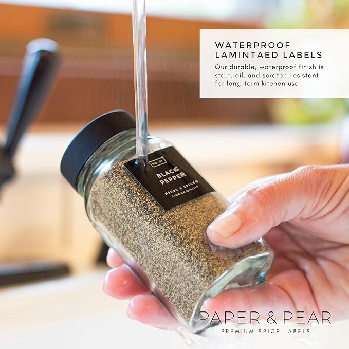 Modern Block-Black Spice Labels (no Jars) by Paper & Pear - Oil Resistant Kitchen Pantry Labels - 1.25” Square Spice Labels Stickers - Durable Spice Jar Labels Preprinted Waterproof - Set of 80