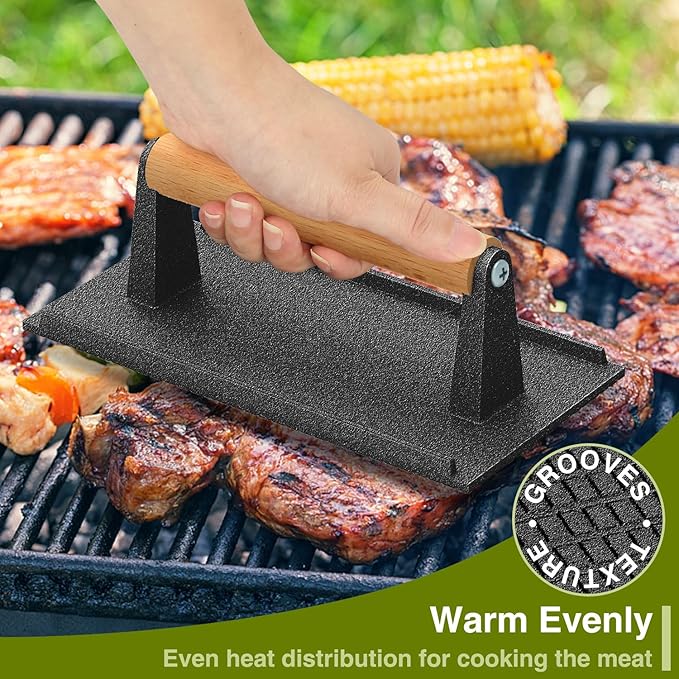 Wildone Smash Burger Press, Round Cast Iron Grill Press Burger Smasher for Griddle, Rectangular Bacon Press Meat Steak Press Sandwich Press with Wood Handle - 4Pcs