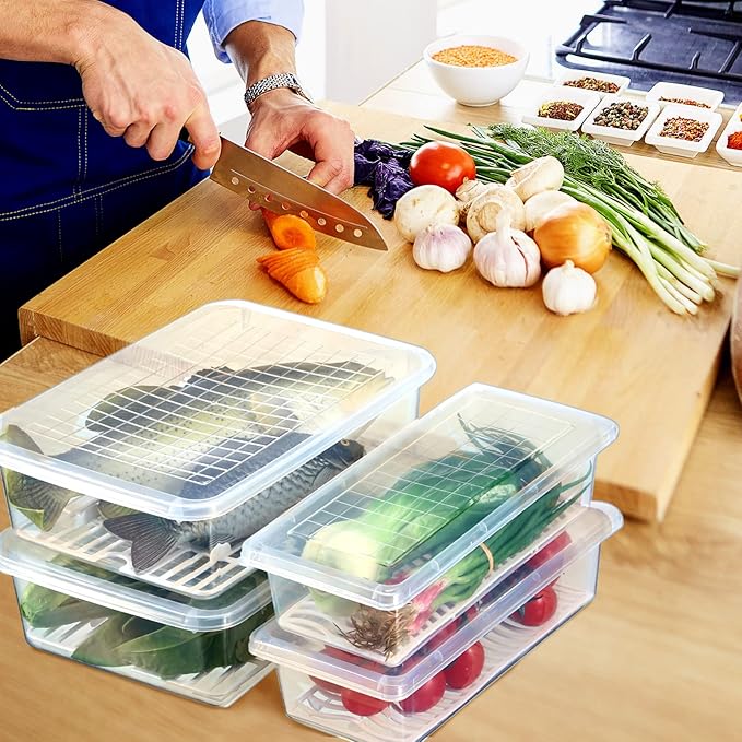 Meanplan 12 Packs Food Storage Containers for Fridge Plastic Refrigerator Organizers with Removable Drain Plate and Lid Stackable Produce Containers to Keep Fruits, Vegetables, Meat