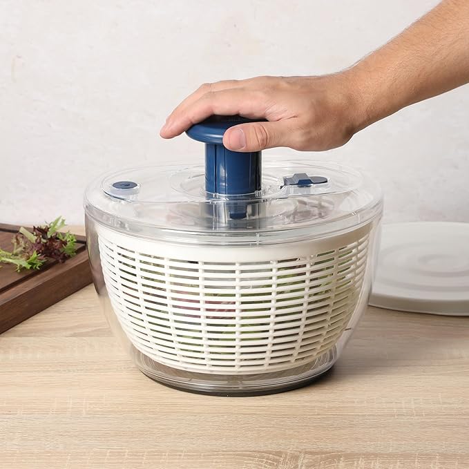 Sur La Table Kitchen Essential 6.3 Qt Salad Spinner, Fruit Wahser, Fruit Washing Bowl with Strainer, Vegertable Cleaner, Salad Cleaner, Lettuce Washer - Navy Blue