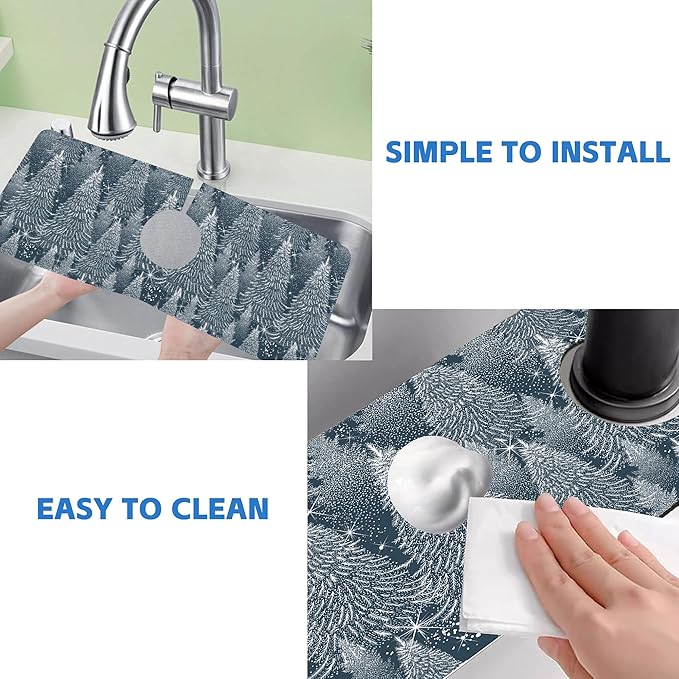 Christmas Forest Sink Faucet Absorbing Mat Pine Spruce Sink Splash Guard Faucet Mat Draining Mat Fast Drying Sink Protectors for Kitchen and Bathroom 5.5"×15"