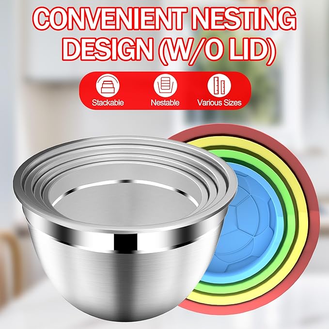 DUTZUN Mixing Bowls with Strainer, Mixing Bowl with Lids Set, Stainless Steel Mixing Bowls, Kitchen Gadgets 2025 Salad Bowls with Strainer for Mixing & Preping & Baking, Multicolor