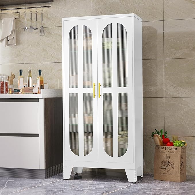 pozdeg 61" Metal Kitchen Pantry Storage Cabinet with 2 Acrylic Glass Doors ＆ 3 Adjustable Shelves, Versatile Food Freestanding Cupboard for Kitchen, Dining Room, Bathroom and Garage (White)