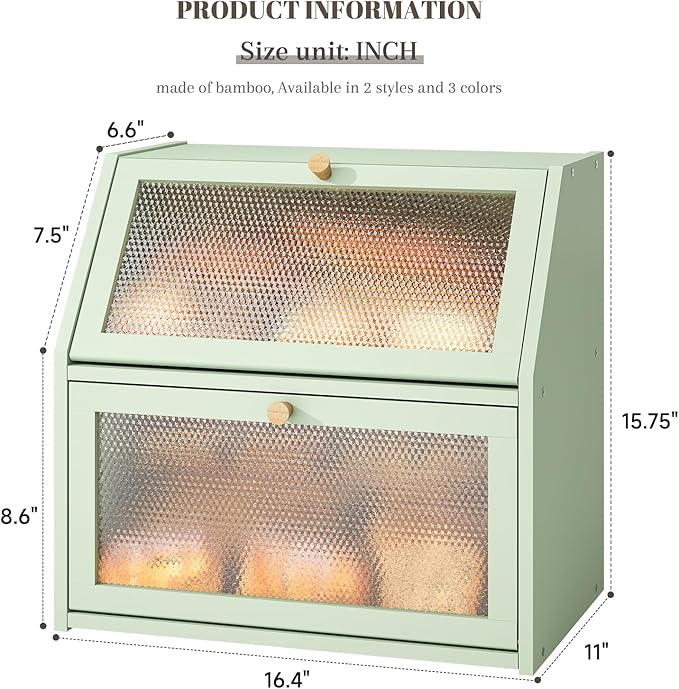 STDDRE Bread Box for Kitchen Countertop Bin Double Layer Bread Box Storage Container Extra Large Capacity Farmhouse with Diamond Pattern Windows (Green, Extra Large)